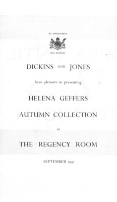 Cover of programme for Helena Geffers fashion show held at Dickins and Jones in September 1951.