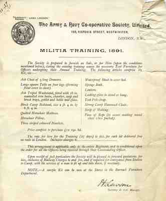 Army and Navy Co-operative stores military kit list, 1891.