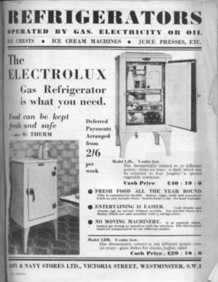 Advert for an Electrolux Gas Refrigerator in the Army and Navy Co-operative Stores catalogue, c.1940s