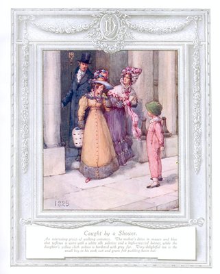 'Caught by a shower' (1829). 'Upwards of a Century'. Dickins and Jones catalogue illustrating 100 years of fashion, 1909.