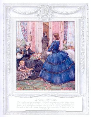 'A quiet afternoon' (1859). 'Upwards of a Century'. Dickins and Jones catalogue illustrating 100 years of fashion, 1909.